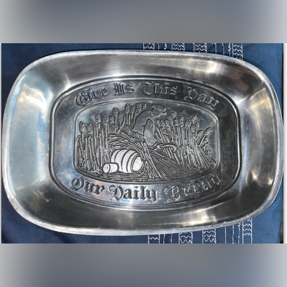 Vintage Pewter Bread Tray Duratale by Leonard "Give Us This Day Our Daily Bread"